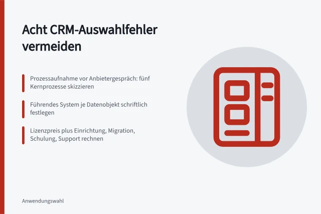 Karte zu acht typischen Fehlern bei der CRM-Auswahl. CRM-Auswahl: Typische Fehler aus Checkliste und Anwenderberichten