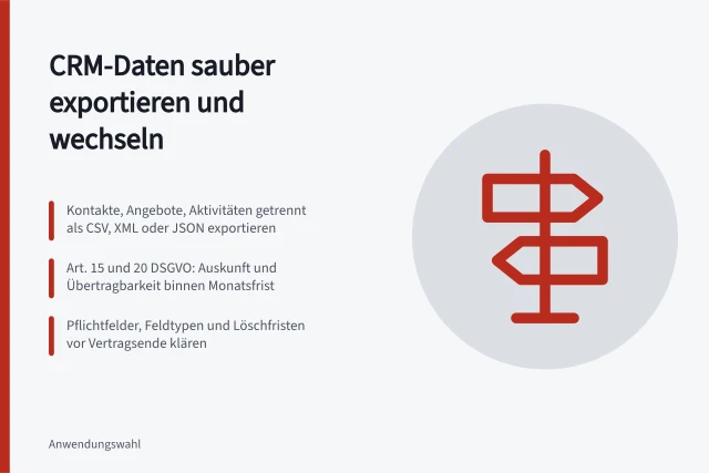 Karte zum CRM-Export: Formate, DSGVO-Fristen und Pflichtfelder vor dem Anbieterwechsel. Daten aus einem CRM exportieren und Anbieterwechsel vorbereiten