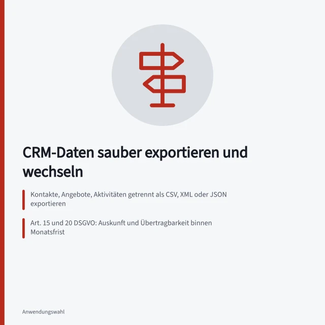 Karte zum CRM-Export: Formate, DSGVO-Fristen und Pflichtfelder vor dem Anbieterwechsel. Daten aus einem CRM exportieren und Anbieterwechsel vorbereiten