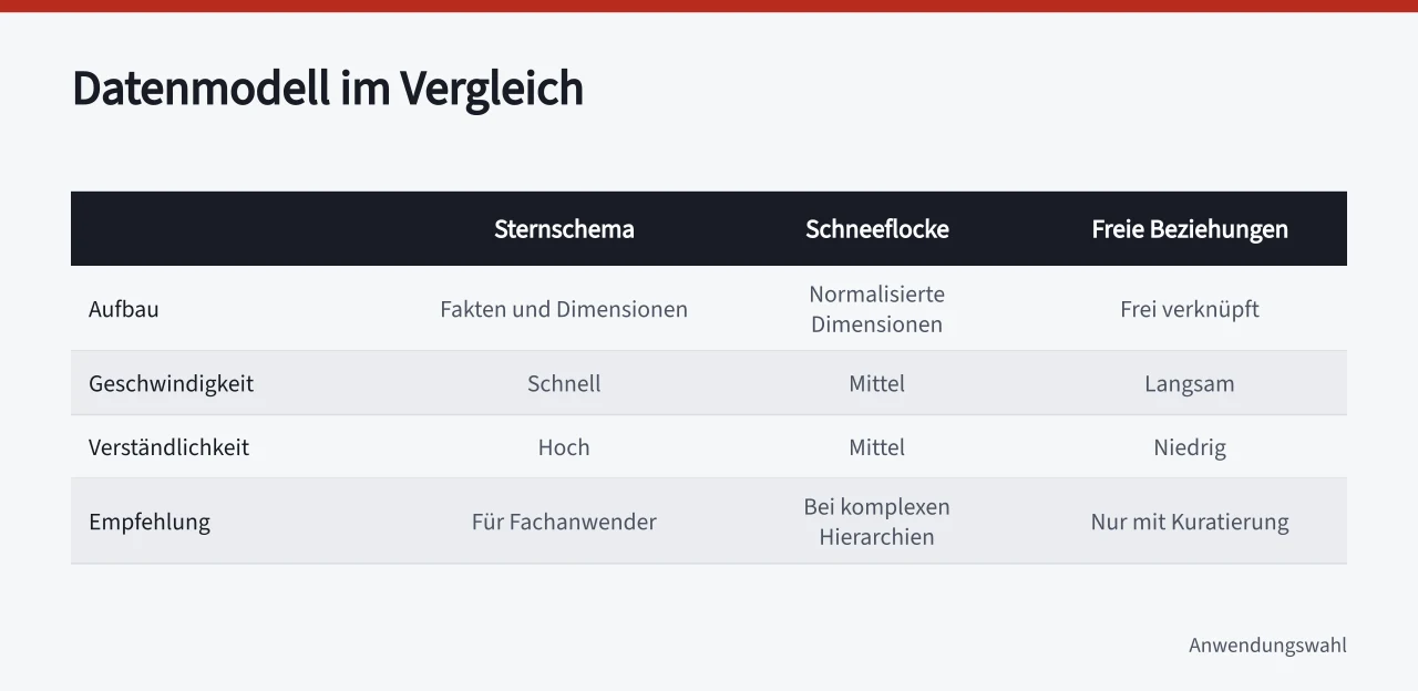 Vergleichstabelle der drei Datenmodell-Varianten nach Aufbau, Tempo und Verständlichkeit ('Datenauswertung Programme prüfen: Kriterien für Auswahl und Betrieb')