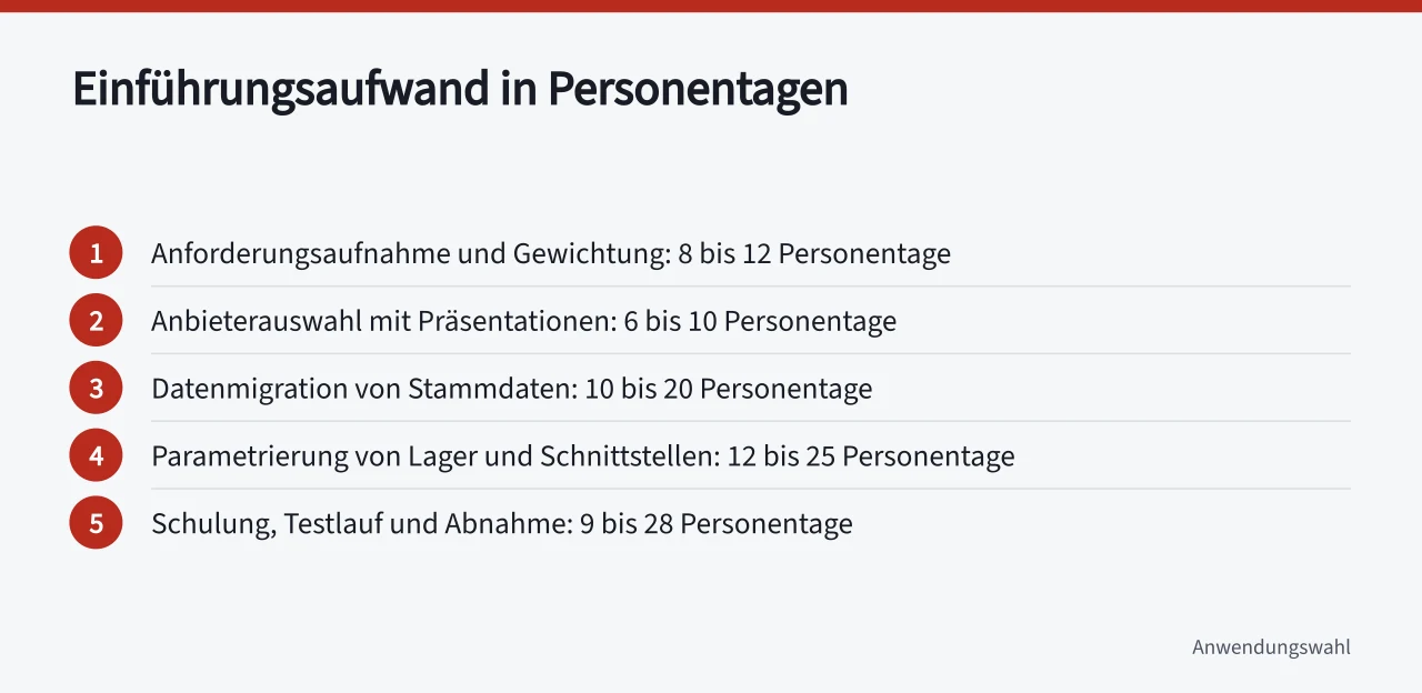 Fünf Schritte der Einführung mit Personentagen von 8 bis 28 (Warenwirtschaft Software Auswahl als Checkliste für den Mittelstand)